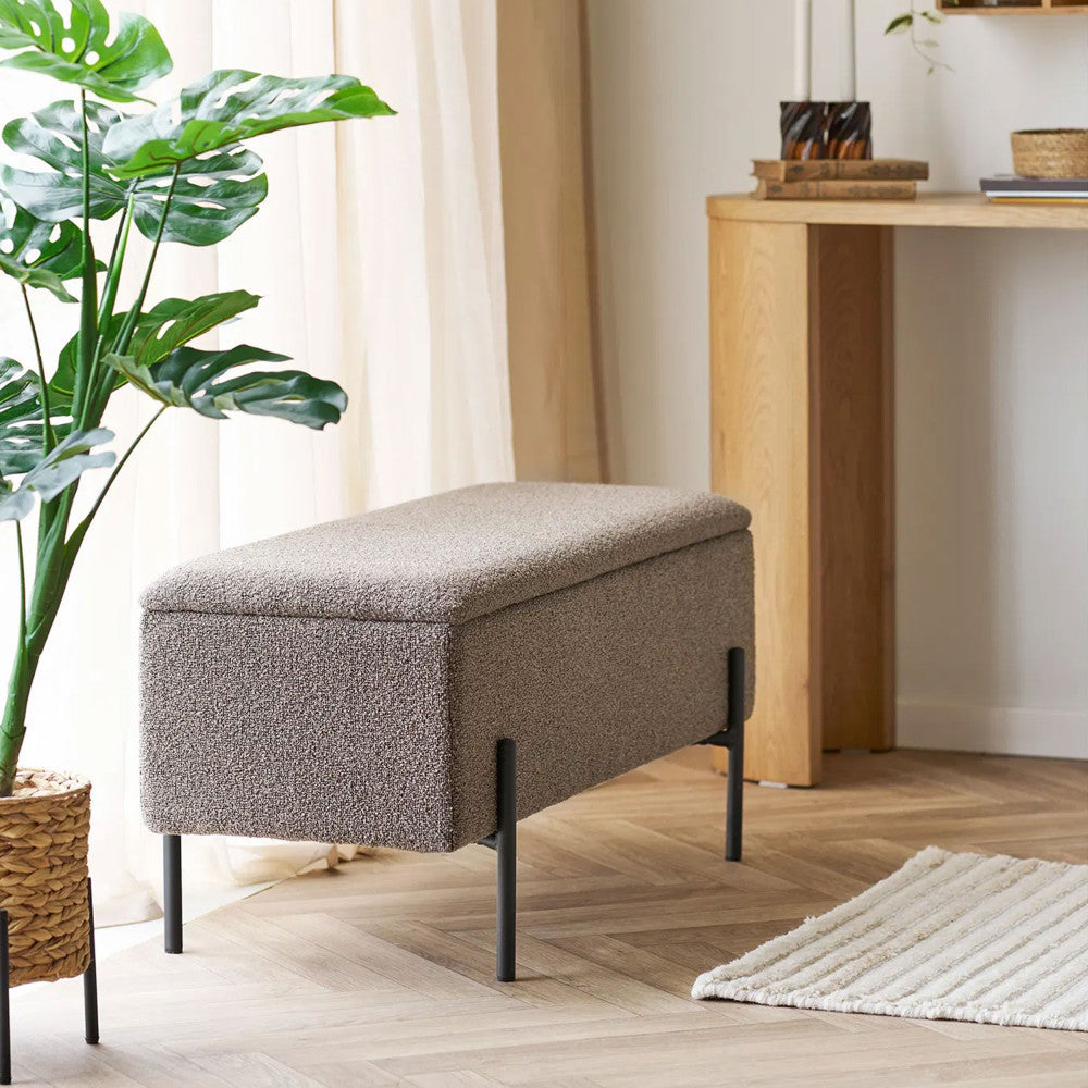 Watford - Banc coffre en tissu bouclette et métal L95cm - Marron glacé - 1
