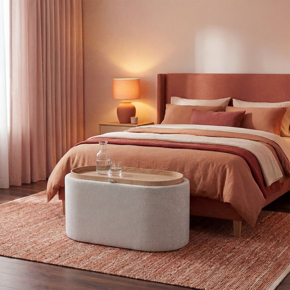 Zoé - Banc coffre en tissu convertible en table basse L77cm - Beige chiné - 1