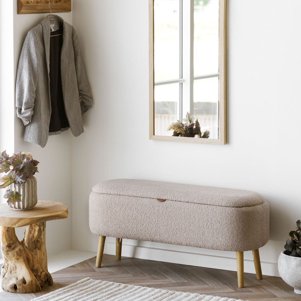 Harlow - Banc coffre en tissu bouclette et bois L95cm - Beige - 1