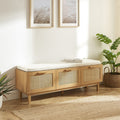 June - Banc d'entrée avec rangement à chaussures en bois et cannage L140cm - Bois clair - 1