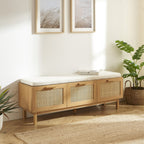June - Banc d'entrée avec rangement à chaussures en bois et cannage L140cm - Bois clair - 1