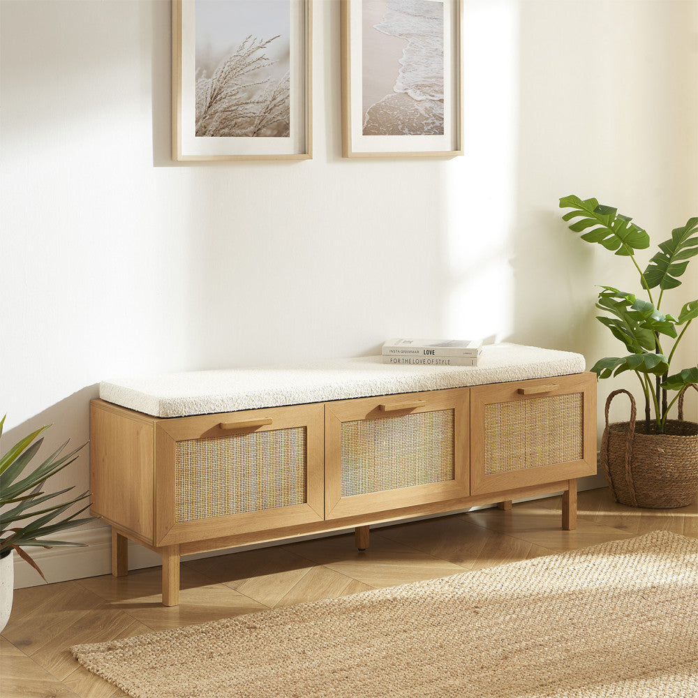 June - Banc d'entrée avec rangement à chaussures en bois et cannage L140cm - Bois clair - 1