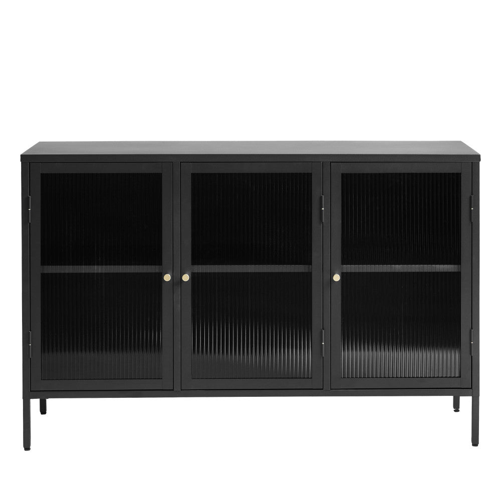 Bjorn - Buffet 3 portes en verre strié et métal L132cm - Noir - 2