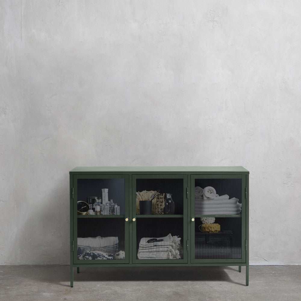 Bjorn - Buffet 3 portes en verre strié et métal L132cm - Vert foncé - 1
