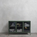 Bjorn - Buffet 3 portes en verre strié et métal L132cm - Vert foncé - 1