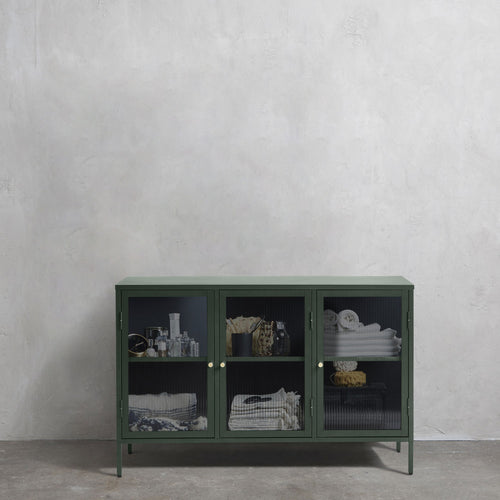 Bjorn - Buffet 3 portes en verre strié et métal L132cm - Vert foncé - 1