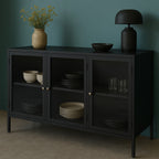 Bjorn - Buffet 3 portes en verre strié et métal L132cm - Noir - 1