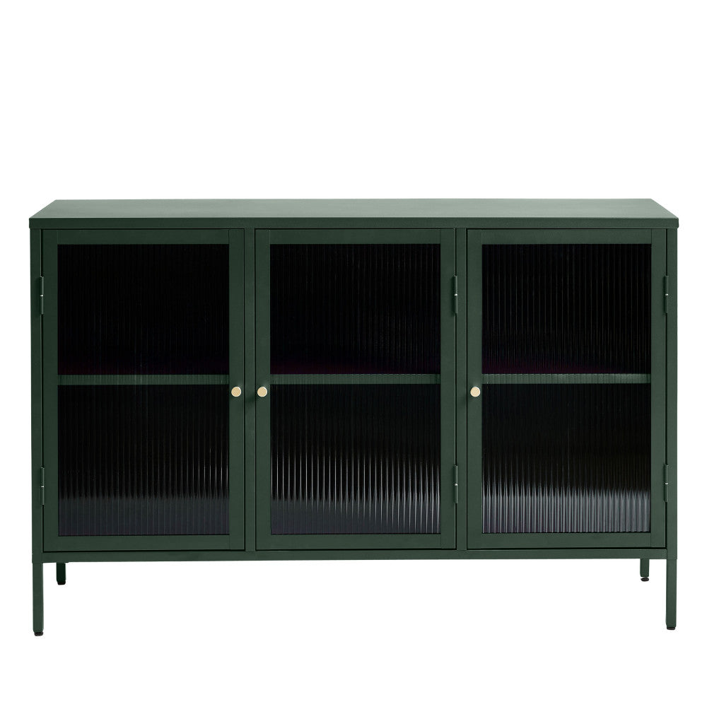 Bjorn - Buffet 3 portes en verre strié et métal L132cm - Vert foncé - 2