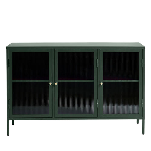 Bjorn - Buffet 3 portes en verre strié et métal L132cm - Vert foncé - 2