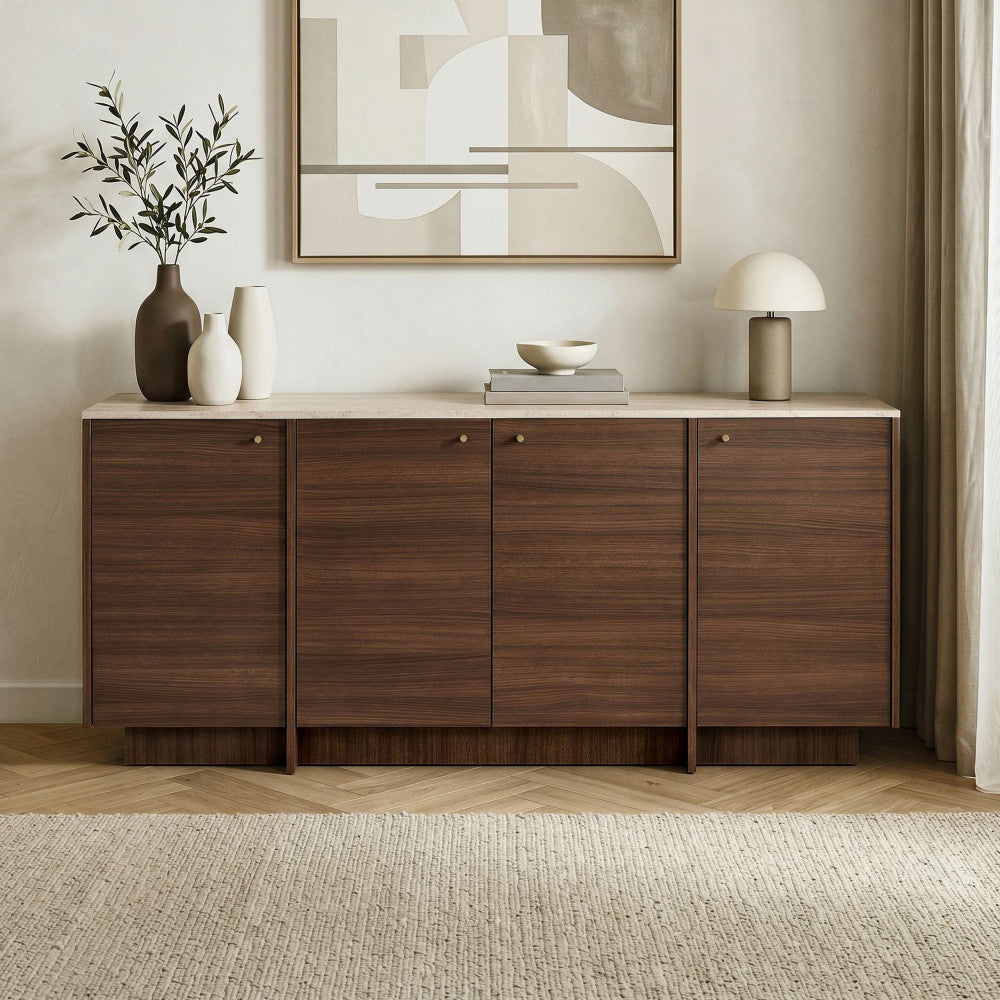 Hopa - Buffet 4 portes plateau effet travertin et bois L180cm - Bois foncé - 1