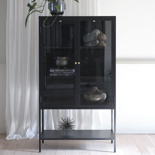 Adare - Buffet haut 2 portes en verre trempé et métal H160cm - Noir - 1