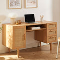 June - Bureau 1 porte 3 tiroirs en bois et cannage L135cm - Bois clair - 1