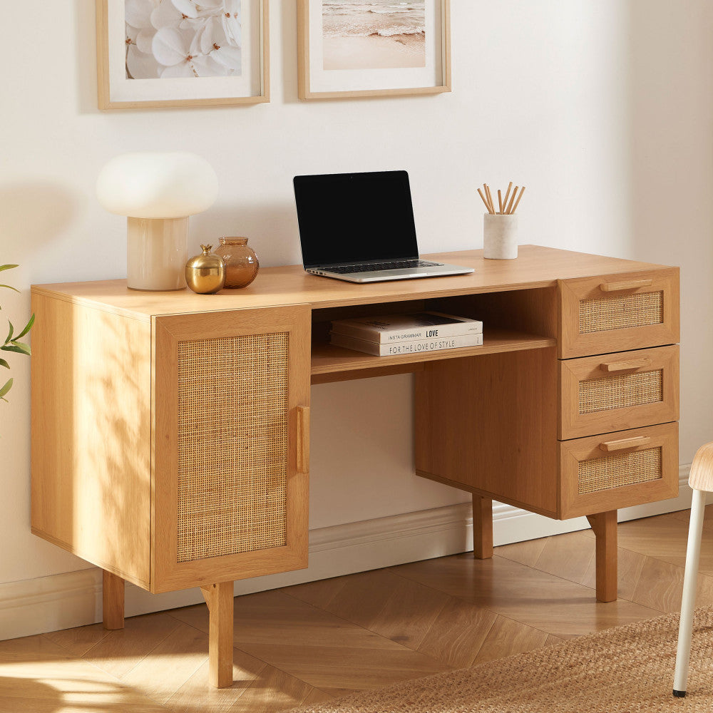 June - Bureau 1 porte 3 tiroirs en bois et cannage L135cm - Bois clair - 1
