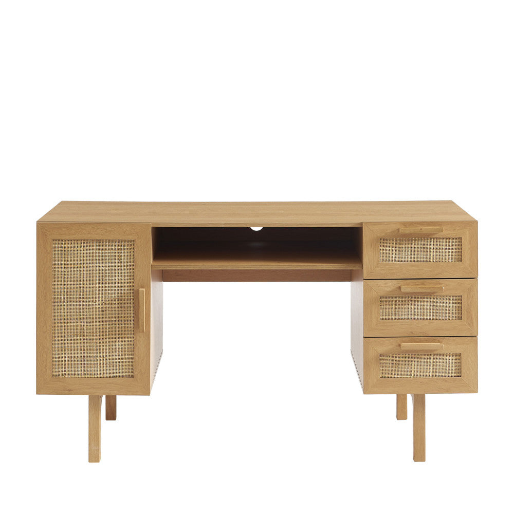June - Bureau 1 porte 3 tiroirs en bois et cannage L135cm - Bois clair - 2
