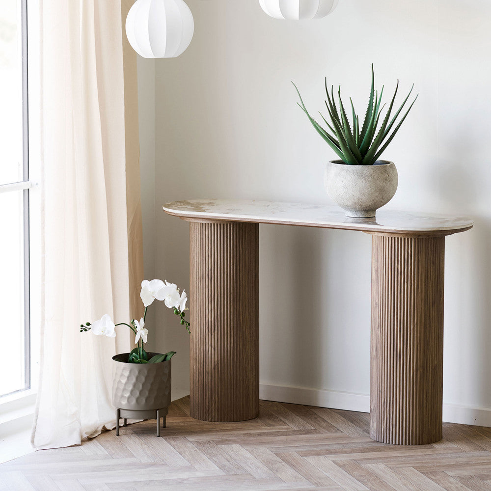 Athens - Console aux bords arrondis effet marbre et bois L120cm - Marbre blanc - 1