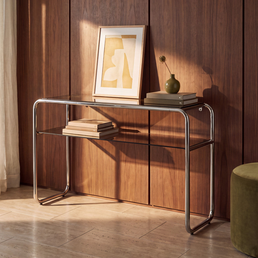 Delio - Console en verre et pieds chrome L 120 cm - Verre ambré - 1