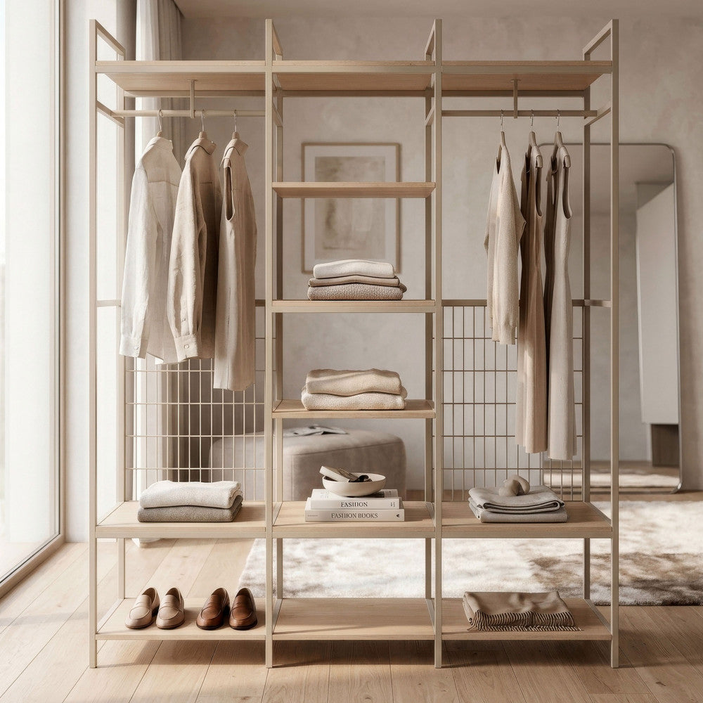 Aqaba - Dressing ouvert modulable 3 éléments en métal et bois L140xH179,5cm - Beige - 1