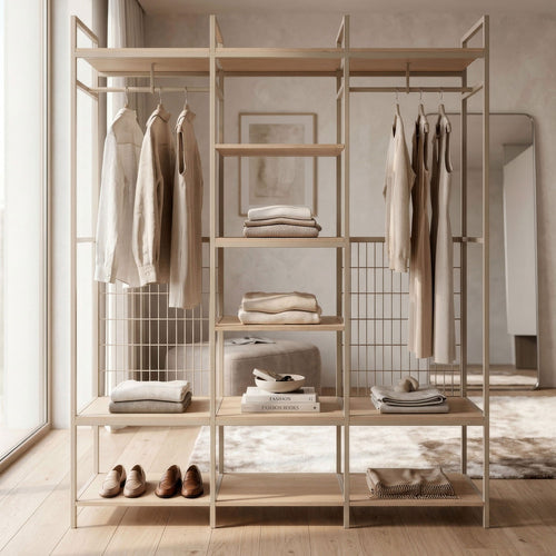 Aqaba - Dressing ouvert modulable 3 éléments en métal et bois L140xH179,5cm - Beige - 1