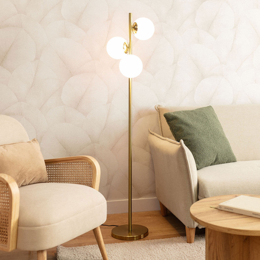 Kano - Lampadaire avec 3 points lumineux en verre H148cm - Laiton - 1