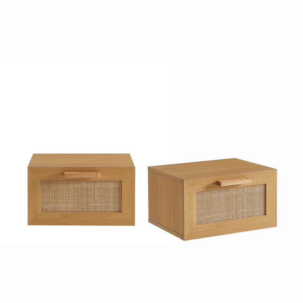 June - Lot de 2 tables de chevet murales avec rangement en bois et cannage - Bois clair - 2