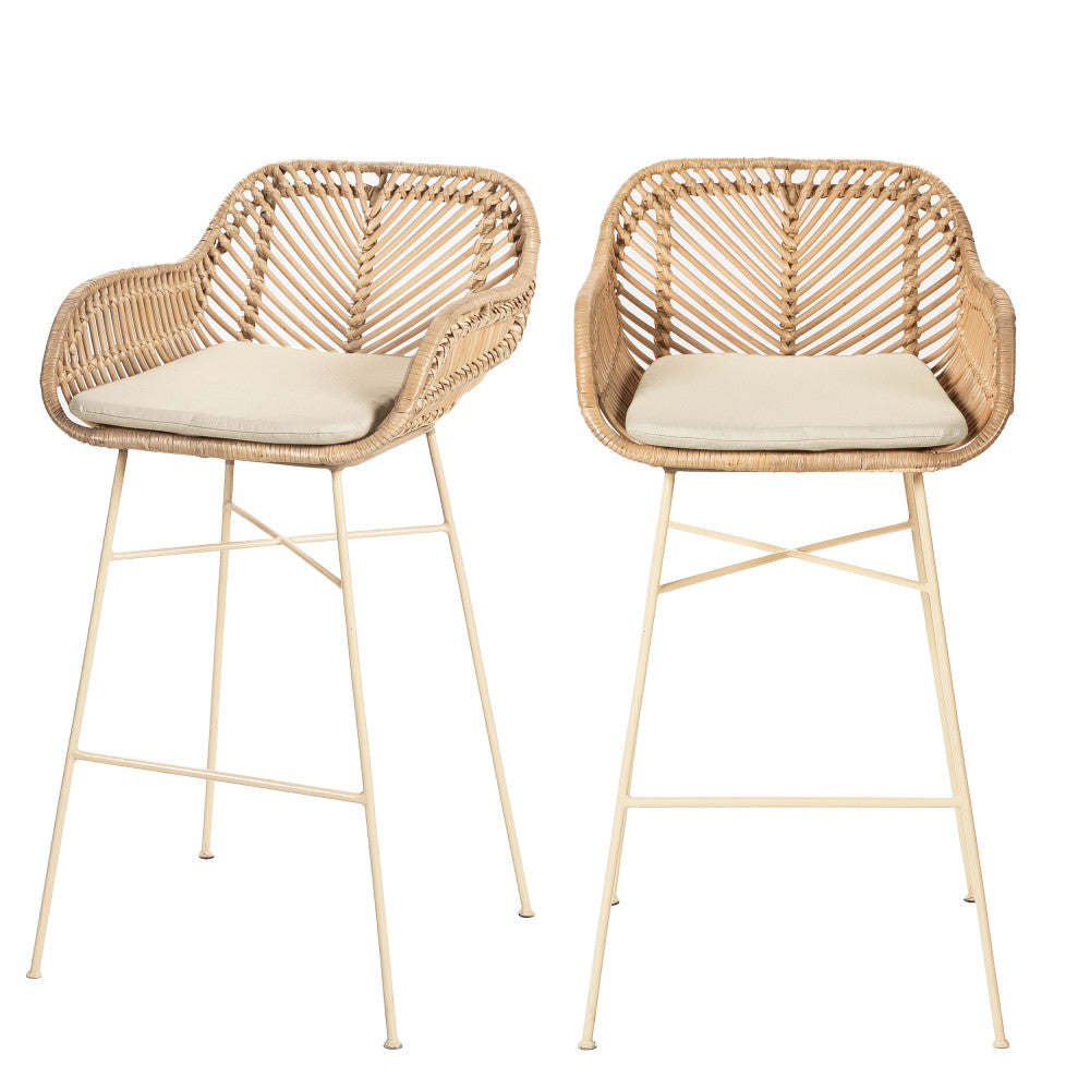 Nunuhai - Lot de 2 tabourets de bar en rotin pieds beiges H68cm - Naturel - 2