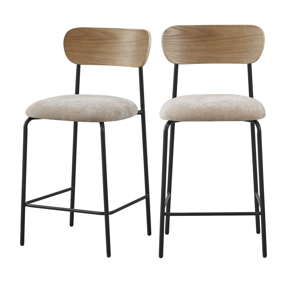 Jess - Lot de 2 chaises de bar bois clair tissu et métal H65cm - Beige - 2