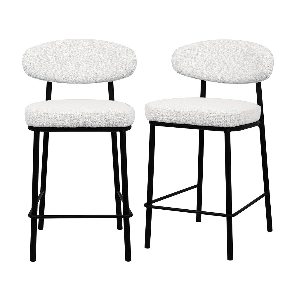 Rode - Lot de 2 chaises de bar en tissu bouclette, bois et métal H65cm - Écru chiné - 2