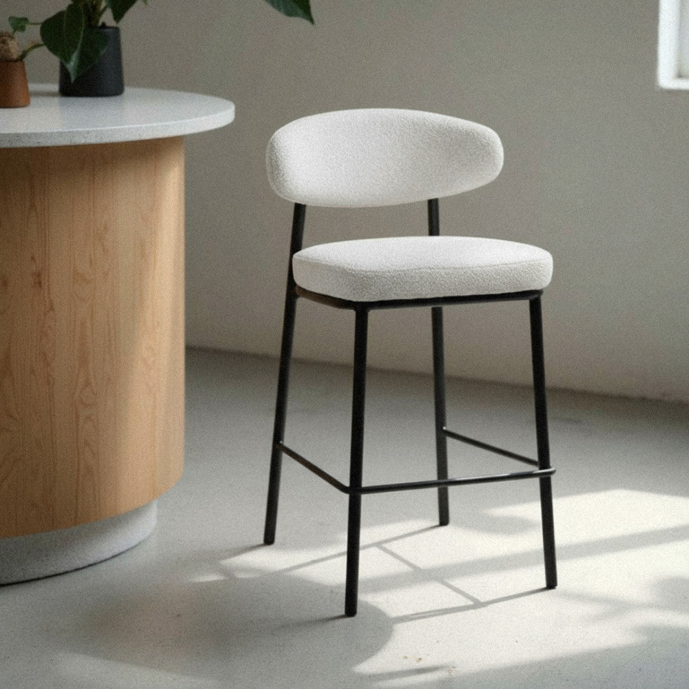 Rode - Lot de 2 chaises de bar en tissu bouclette, bois et métal H65cm - Écru chiné - 1