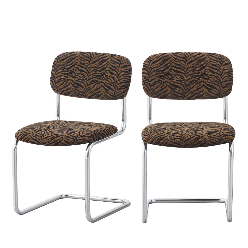 Marcel - Lot de 2 chaises imprimé tigre pieds chrome - Marron - 2