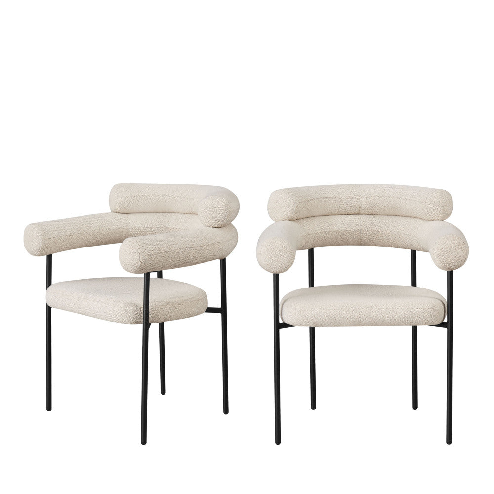 Nori - Lot de 2 fauteuils de table en tissu bouclette et métal - Ecru - 2
