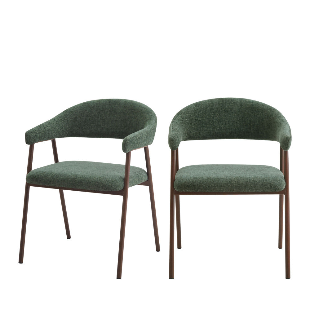 Leon - Lot de 2 fauteuils de table en tissu piètement effet bois foncé - Vert foncé - 2