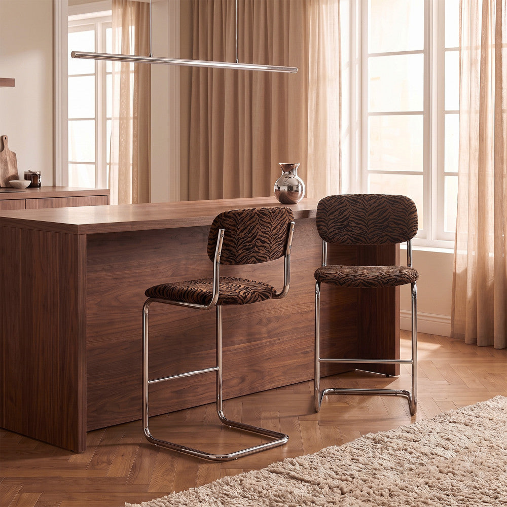 Marcel - Lot de 2 tabourets de bar imprimé tigre pieds chrome H65cm - Marron - 1