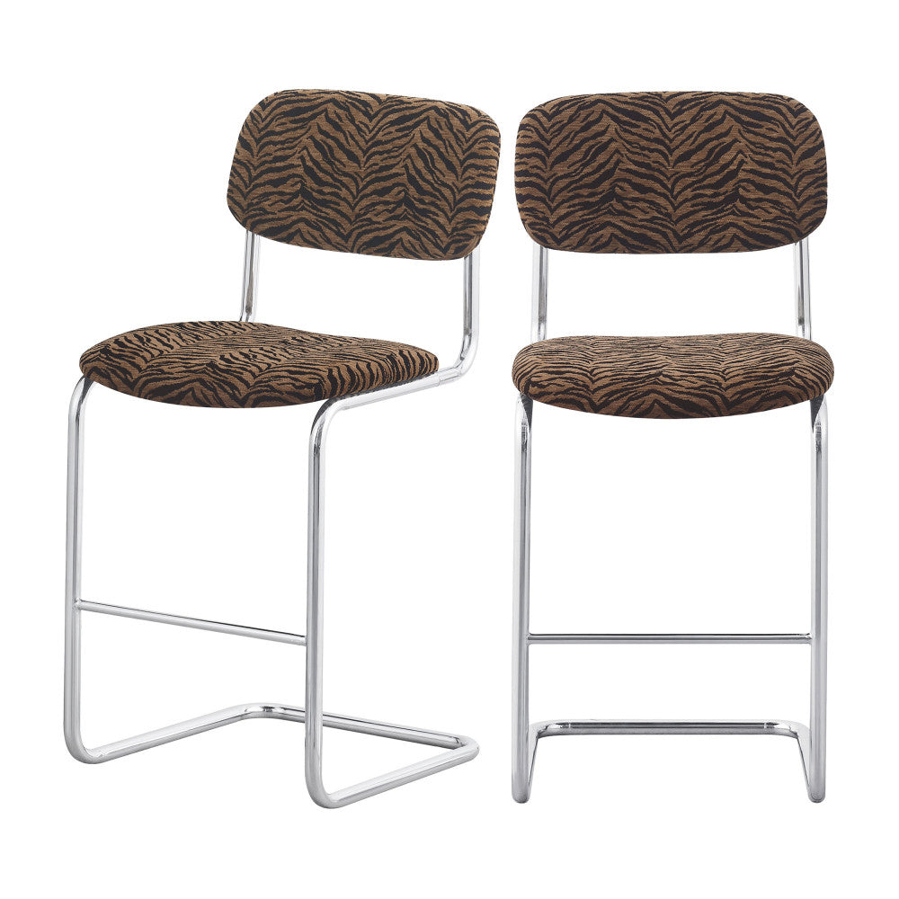 Marcel - Lot de 2 tabourets de bar imprimé tigre pieds chrome H65cm - Marron - 2