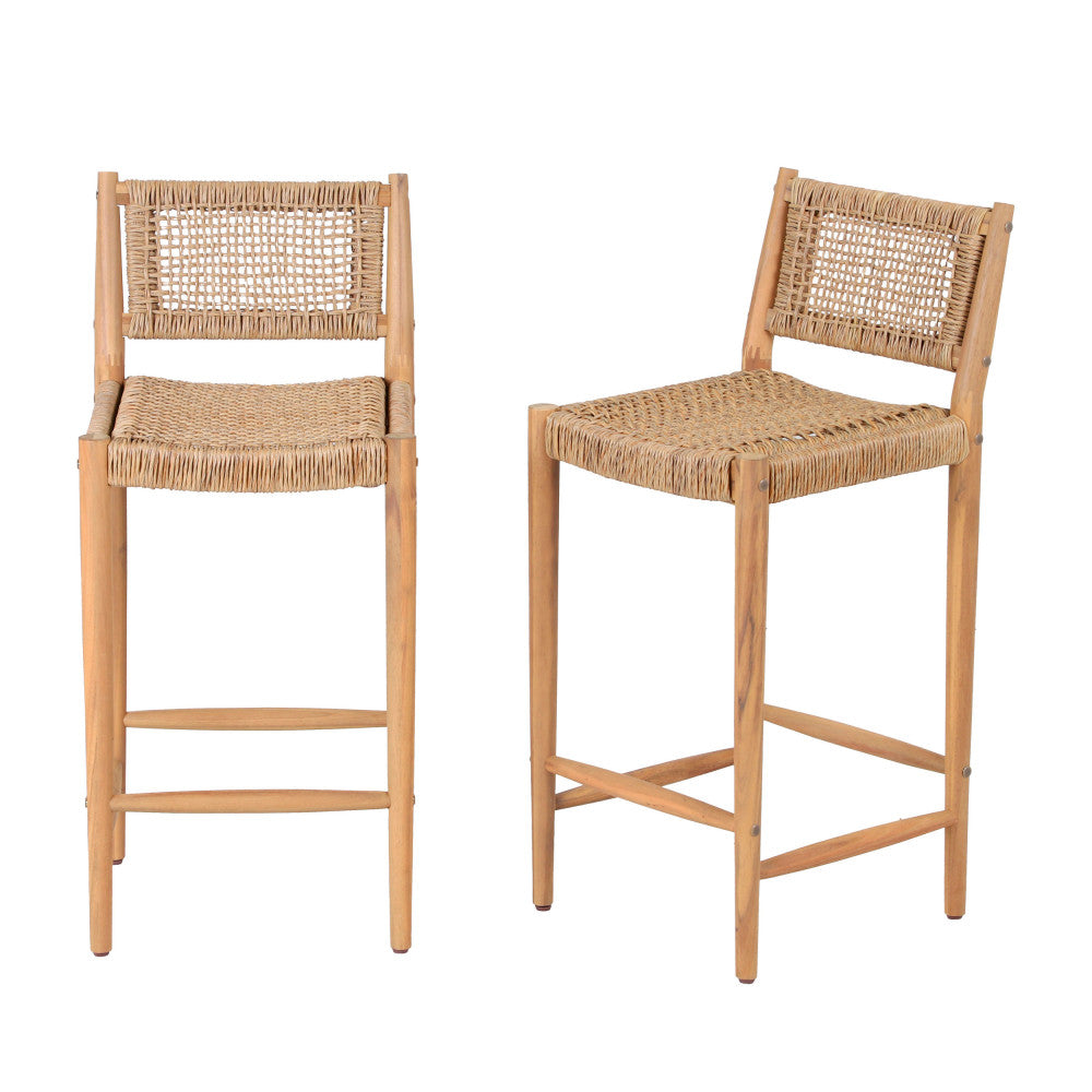 Nuri - Lot de 2 tabourets de bar intérieur/extérieur en bois d'acacia et résine tressée H66cm - Bois clair - 2