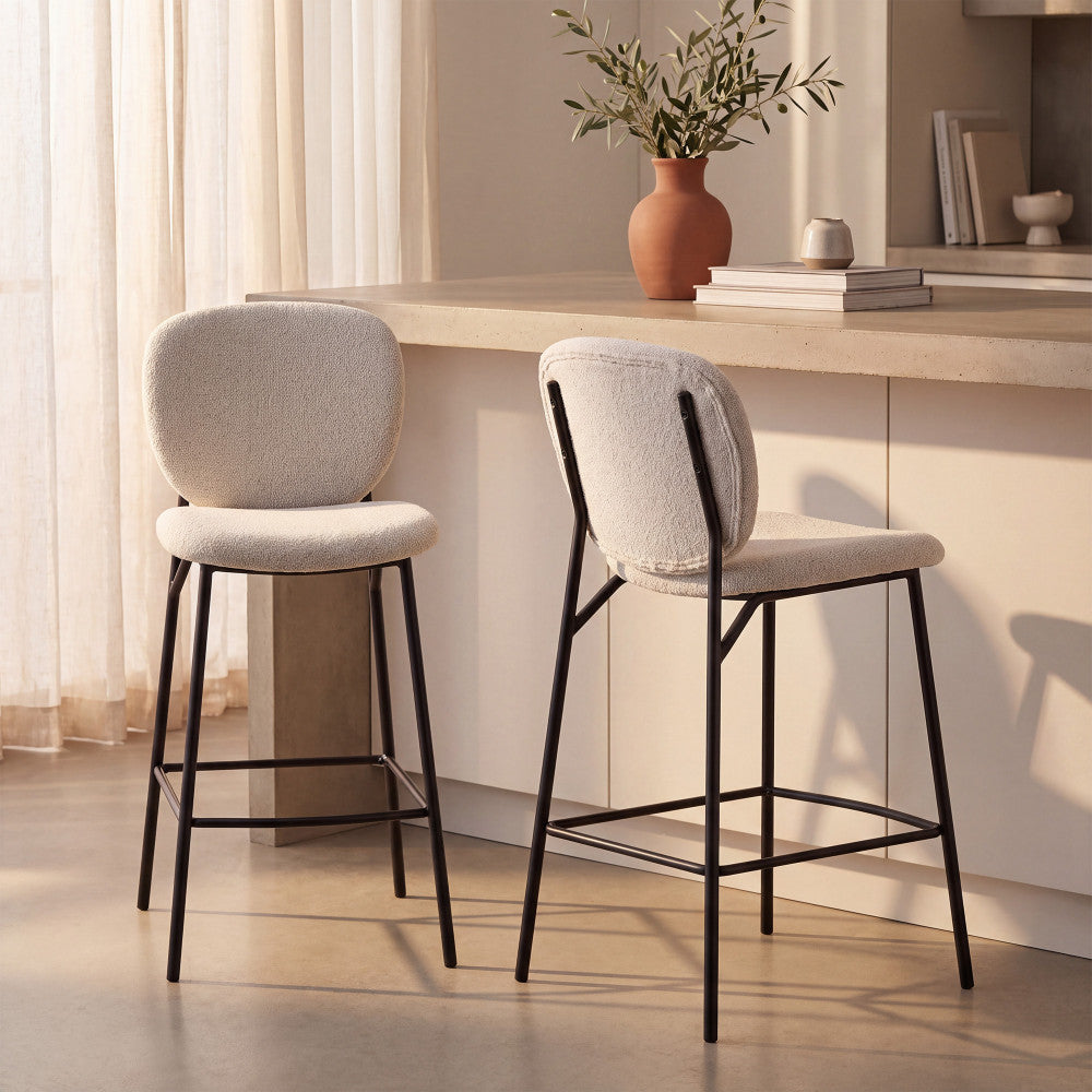 Dalby - Lot de 2 tabourets de bar en tissu bouclette et métal H65cm - Écru chiné - 1