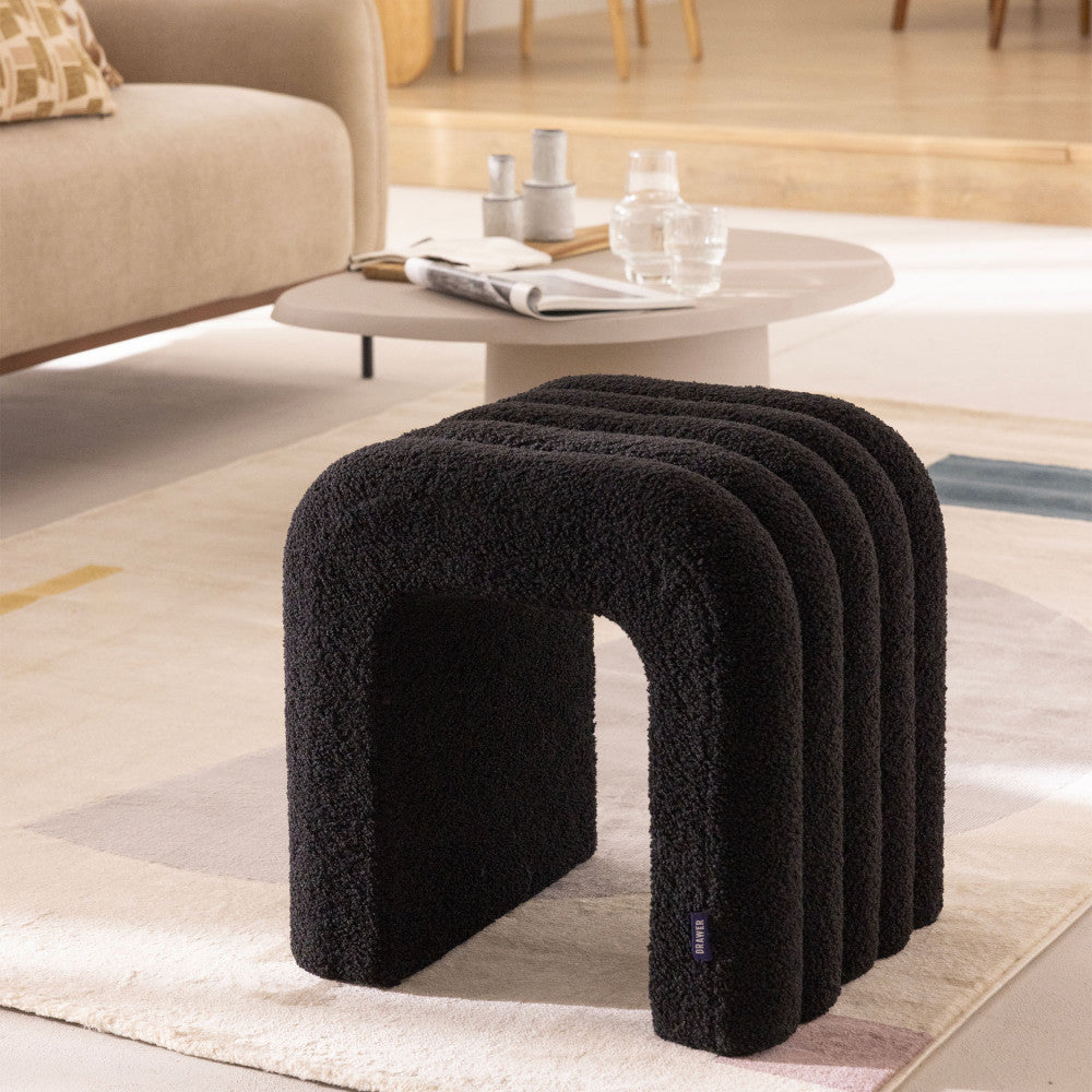 Mui - Lot de 2 tabourets rembourrés en tissu bouclette - Noir - 1