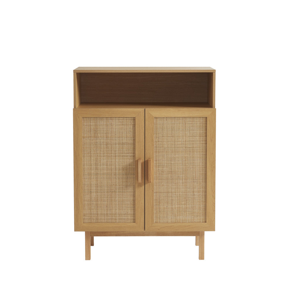 June - Meuble à chaussures 2 portes 1 niche en bois et cannage L80cm - Bois clair - 2