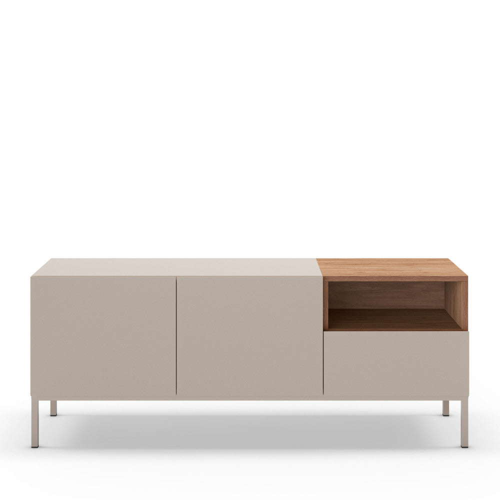 Quenor - Meuble TV 2 portes 1 tiroir en bois et métal L140cm - Beige - 2