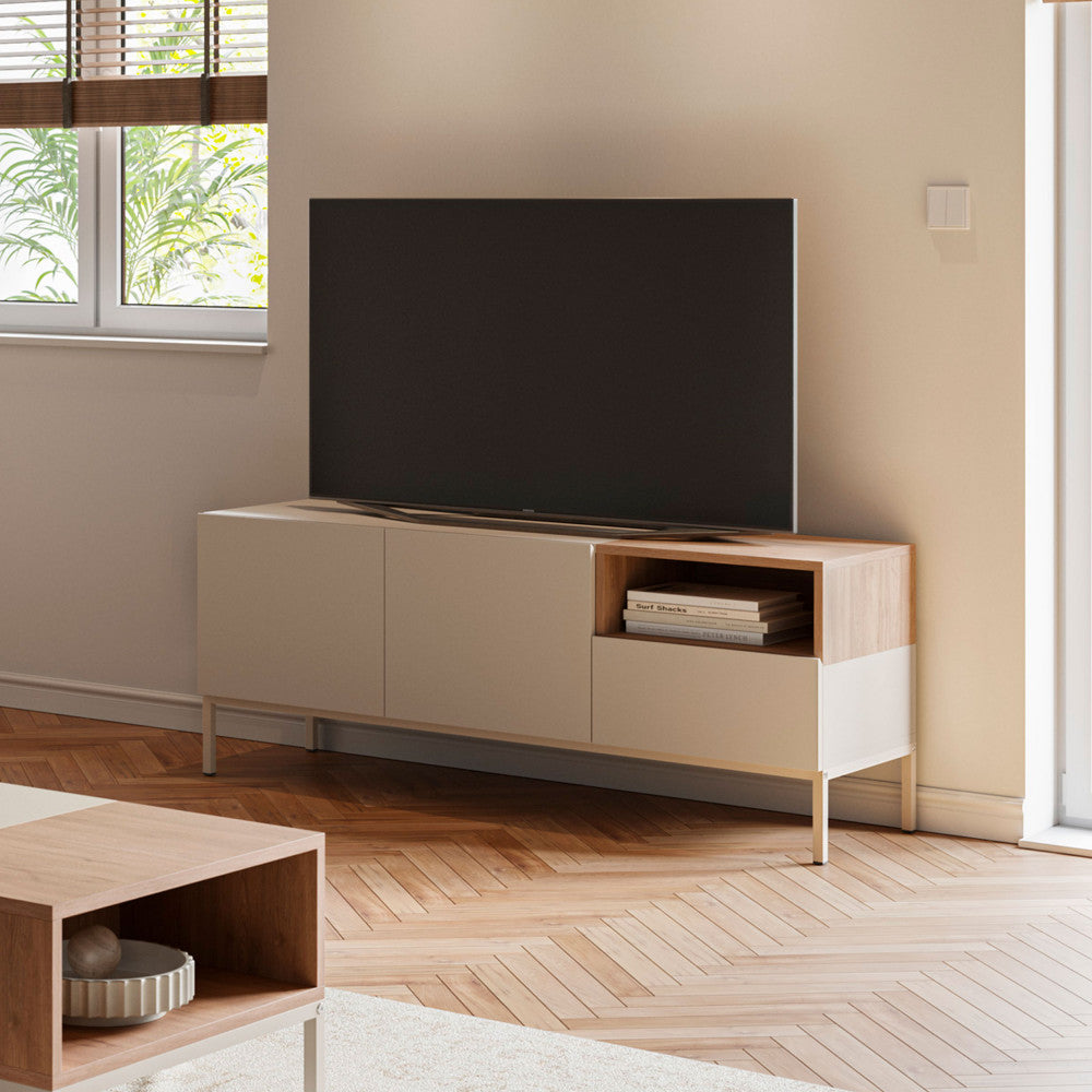Quenor - Meuble TV 2 portes 1 tiroir en bois et métal L140cm - Beige - 1