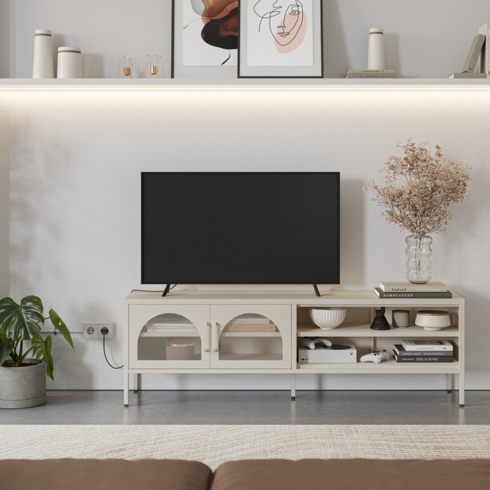 Zio - Meuble TV 2 portes en métal L160cm - Beige - 1