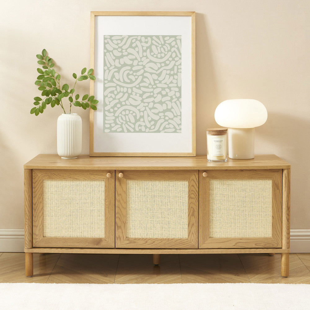 Iris - Meuble TV 3 portes en bois et cannage L120cm - Bois clair - 1