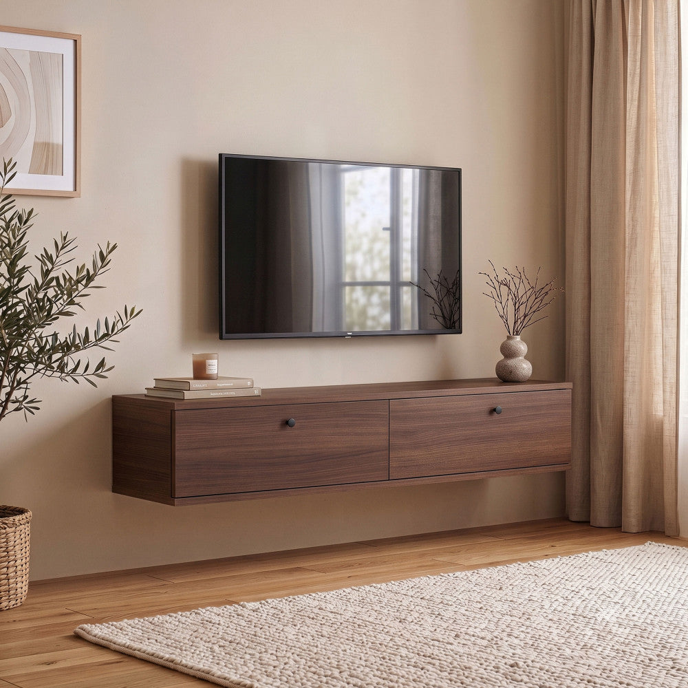 Yara - Meuble tv suspendu 2 portes en bois L140cm - Bois foncé - 1