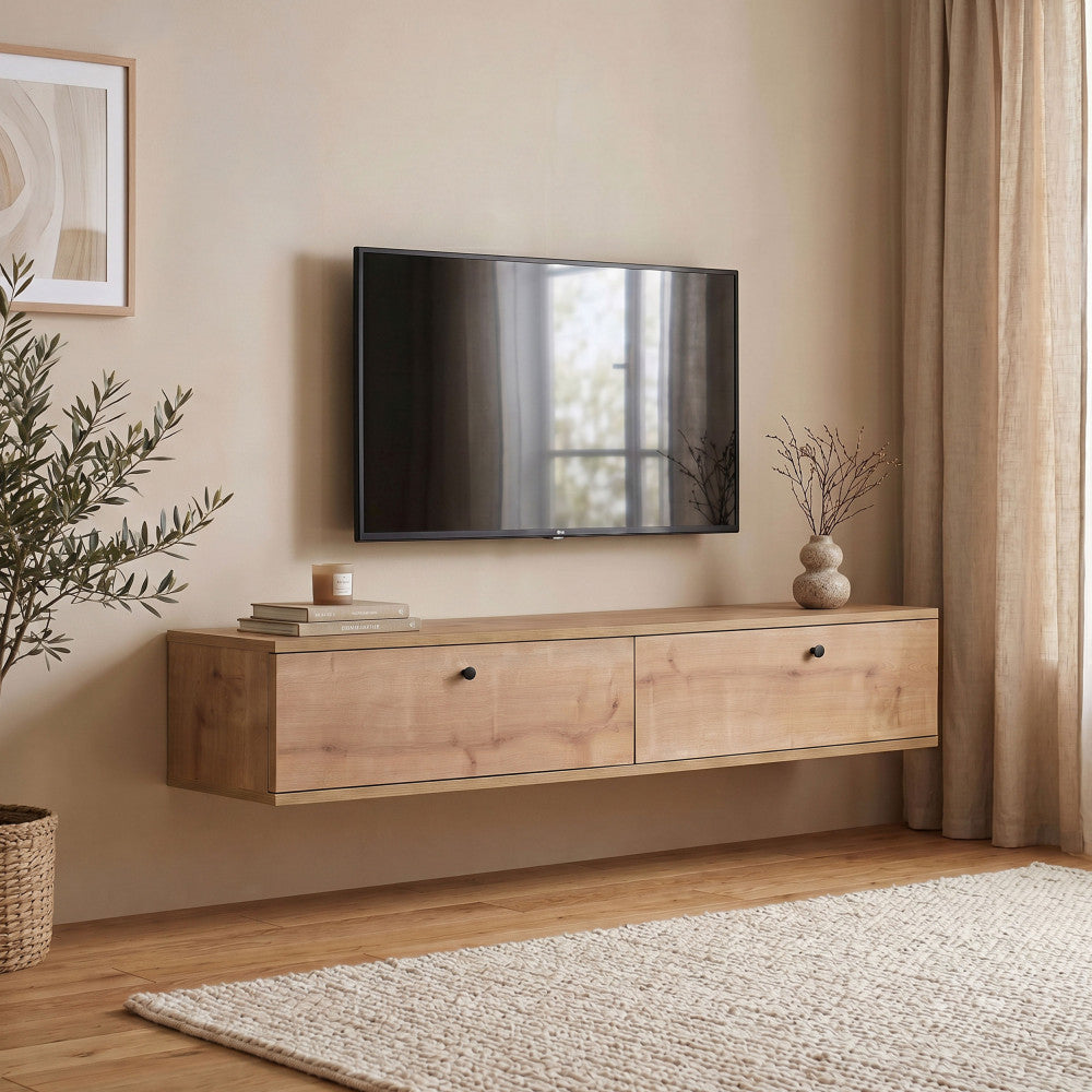 Yara - Meuble tv suspendu 2 portes en bois L160cm - Bois clair - 1