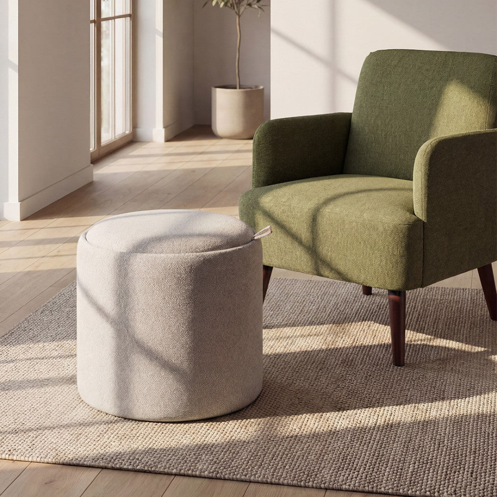 Zoé - Pouf avec rangement en tissu convertible en table d'appoint ø40cm - Beige chiné - 1