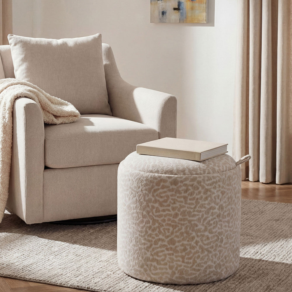 Zoé - Pouf avec rangement imprimé léopard convertible en table d'appoint ø40cm - Beige - 1