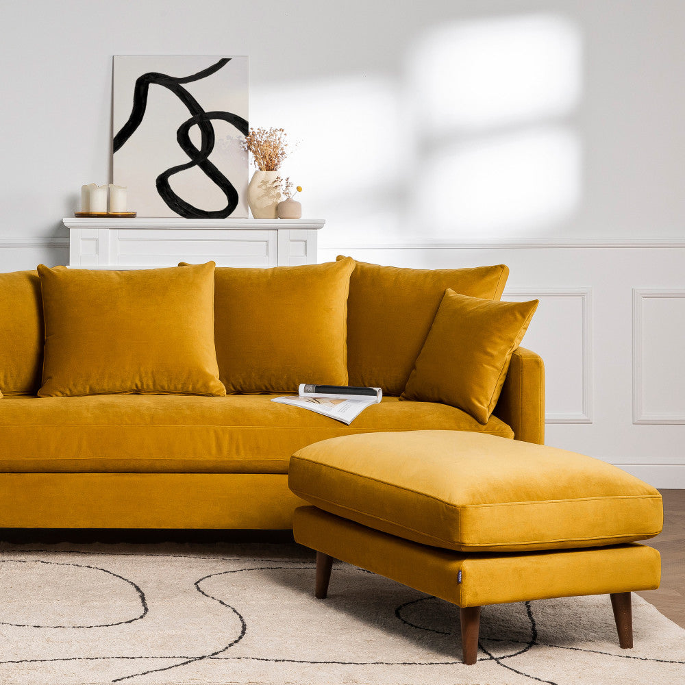 Villabon - Pouf en velours pieds bois foncé - Jaune moutarde - 1