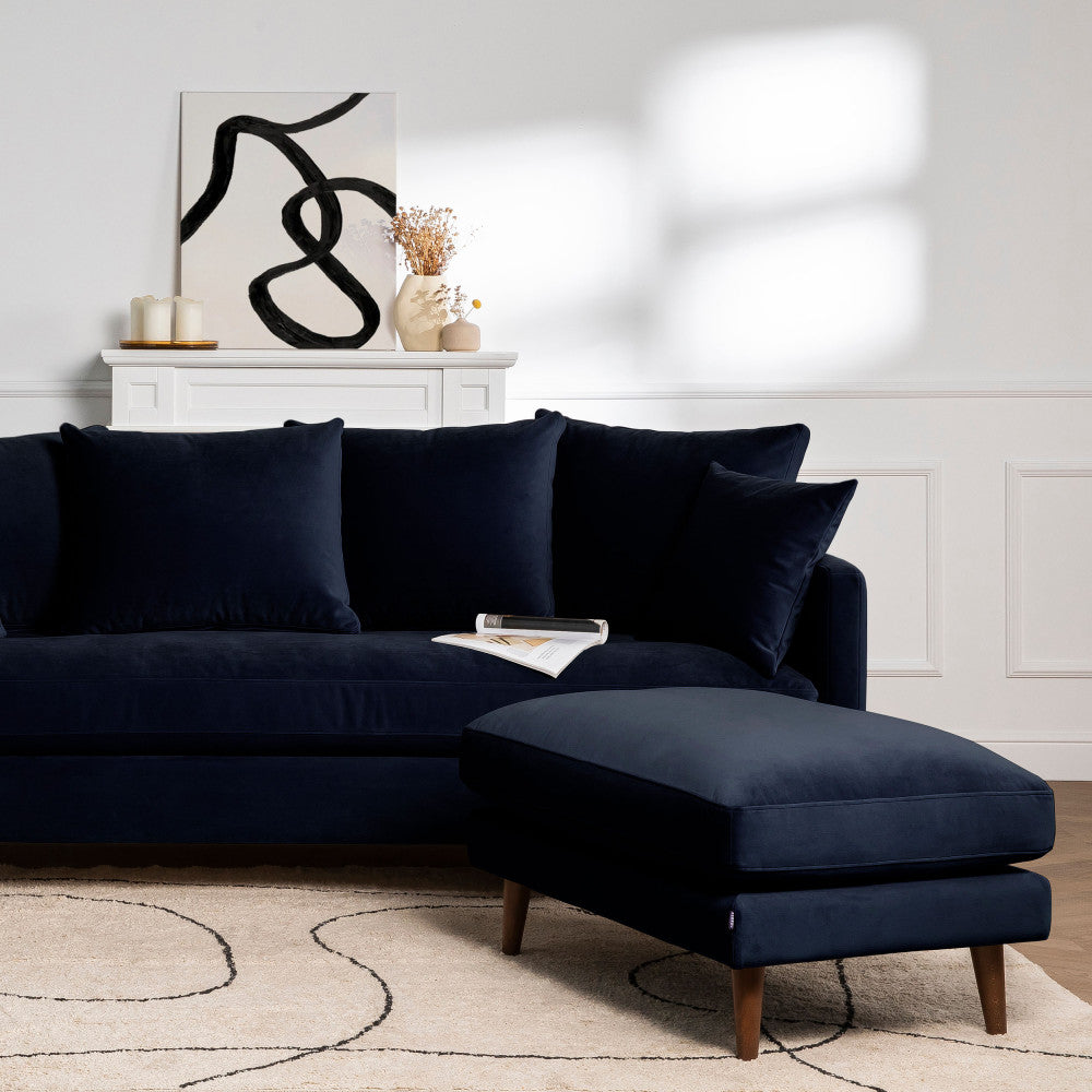 Villabon - Pouf en velours pieds bois foncé - Bleu marine - 1