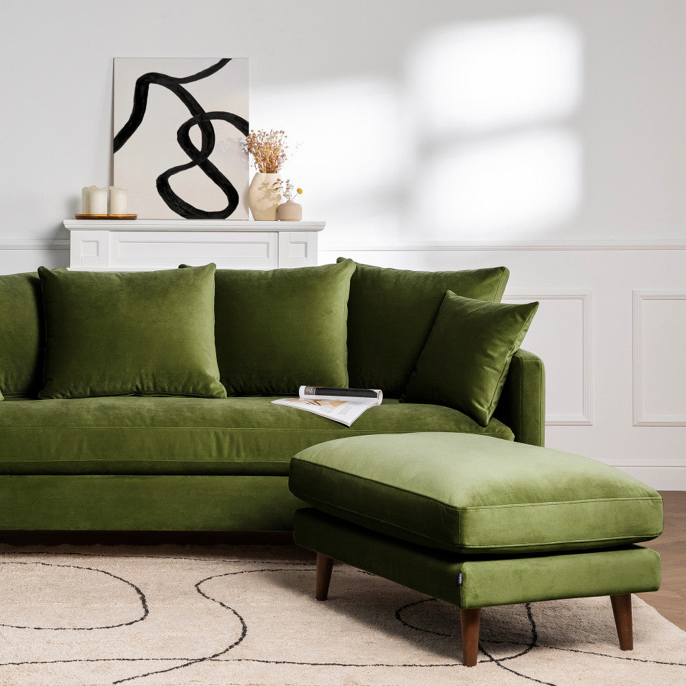 Villabon - Pouf en velours pieds bois foncé - Vert olive - 1