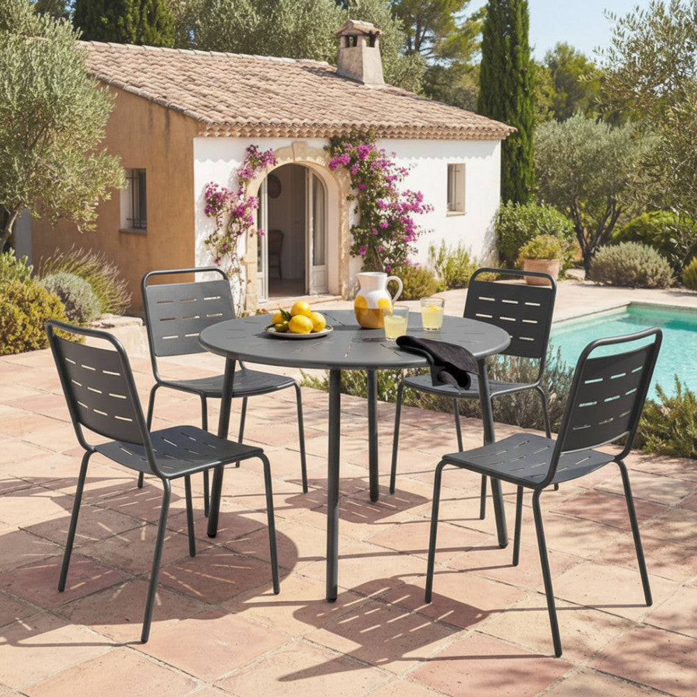 Zola - Table à manger de jardin 4 personnes ronde en métal - Gris foncé - 1