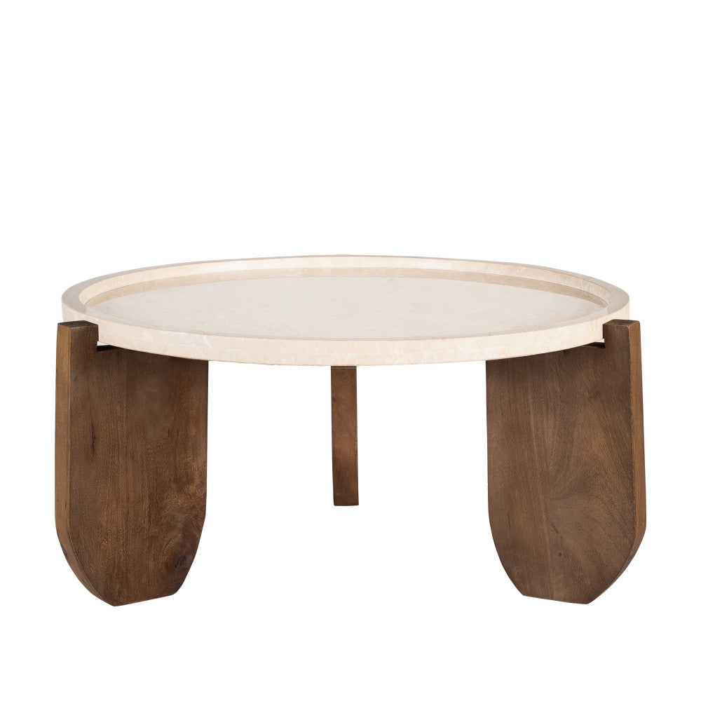 Nador - Table basse en marbre et bois massif ø80cm - Blanc ivoire - 2